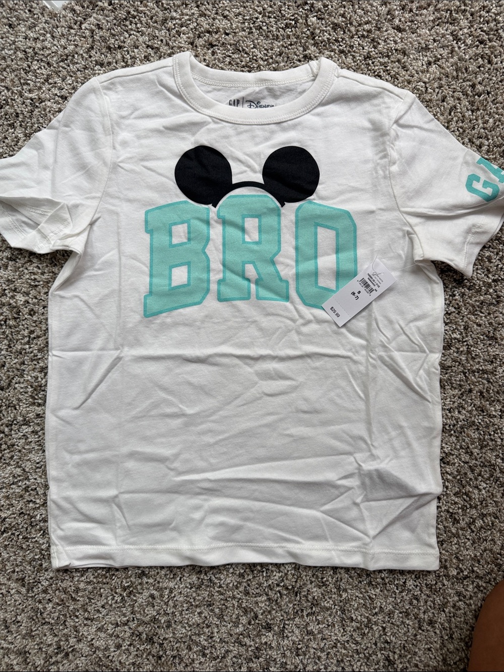 NWT Gap Disney White Tee with Mint Green BRO & Black Mickey Ears size small 6-7